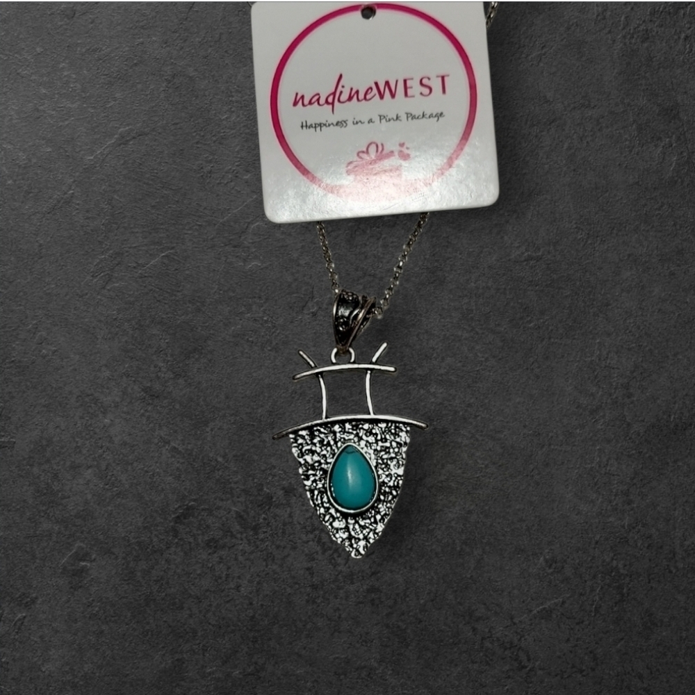 NWT NADINE WEST Antique Silver Faux Turquoise Arrow Necklace ~23"